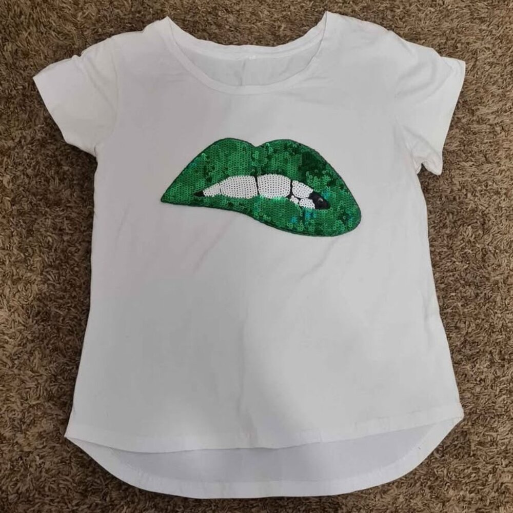 White T-shirt with Green Sequin Lips.